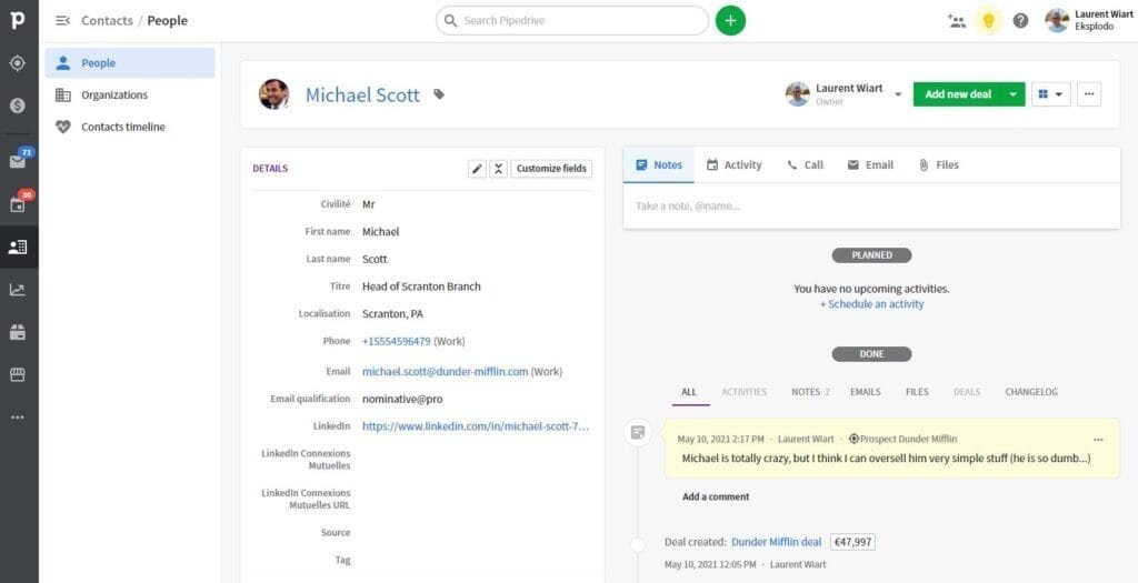 Pipedrive - suivi des contacts - eksplodo.fr