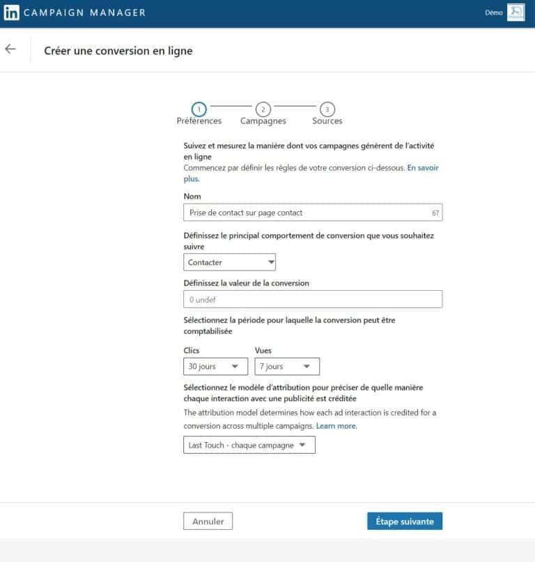 LinkedIn Ads - créer une conversion en ligne - définir les paramères d'une conversion - eksplodofr