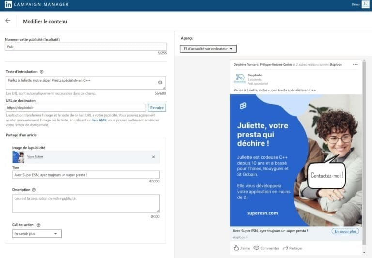 LinkedIn Ads - exemple de publicité au format Single Image Ad pour une campagne publicitaire - eksplodo.fr