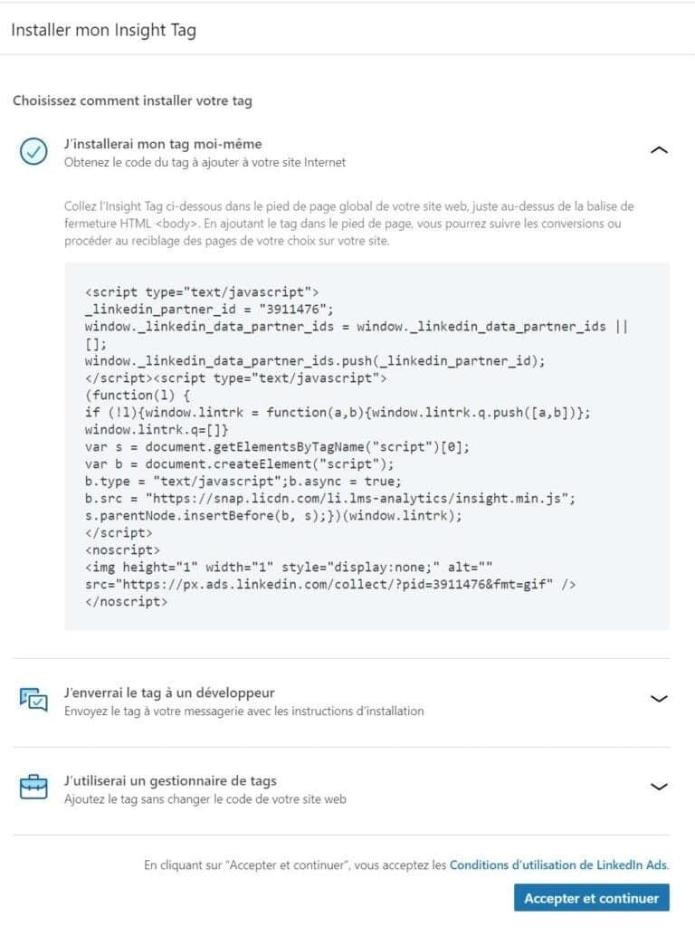 LinkedIn Ads - récupérez le code Javascript et installez-le sur votre site web 2 - eksplodo.fr