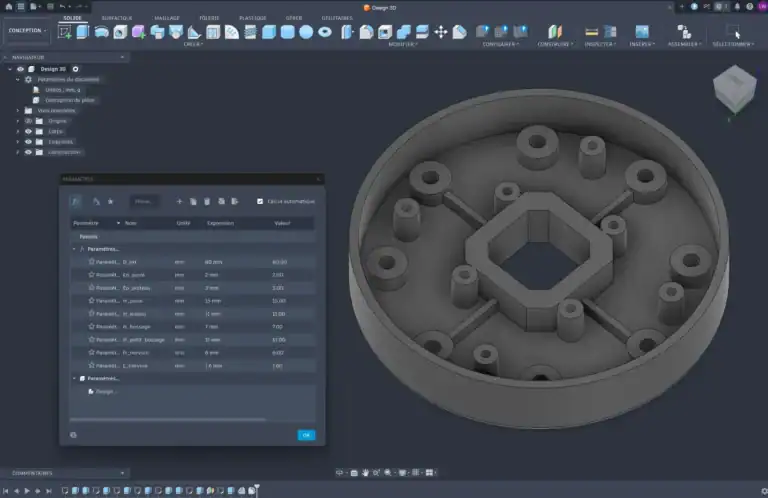 Modèle 3D paramétrique généré par Claude dans Fusion 360 et ses paramètres - eksplodo.fr