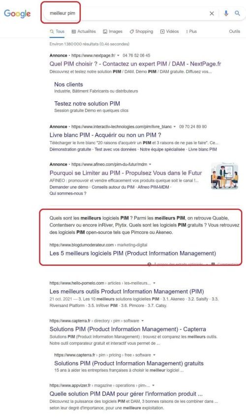 Google Ads - intention commerciale pour l'expression Meilleur PIM - eksplodo.fr