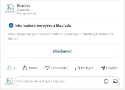 LinkedIn Ads - Génération de Leads sur LinkedIn - Une fois le formulaire soumis, le prospect peut télécharger le livre blanc - eksplodo.fr
