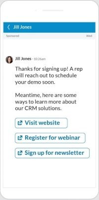 LinkedIn Ads - exemple de publicité au format Conversation Ad avec 3 boutons d'appel à l'action redirigeant sur des URL - eksplodo.fr