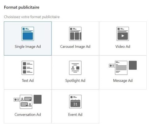 LinkedIn Ads - les formats publicitaires disponibles - image, caroussel d'images, vidéo, texte, message, conversation, événement - eksplodo.fr