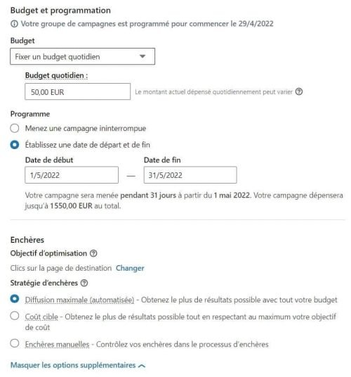 LinkedIn Ads - vous pouvez fixer votre budget maximal et la période de diffusion de votre campagne publicitaire, ainsi que la méthode d'enchères - eksplodo.fr